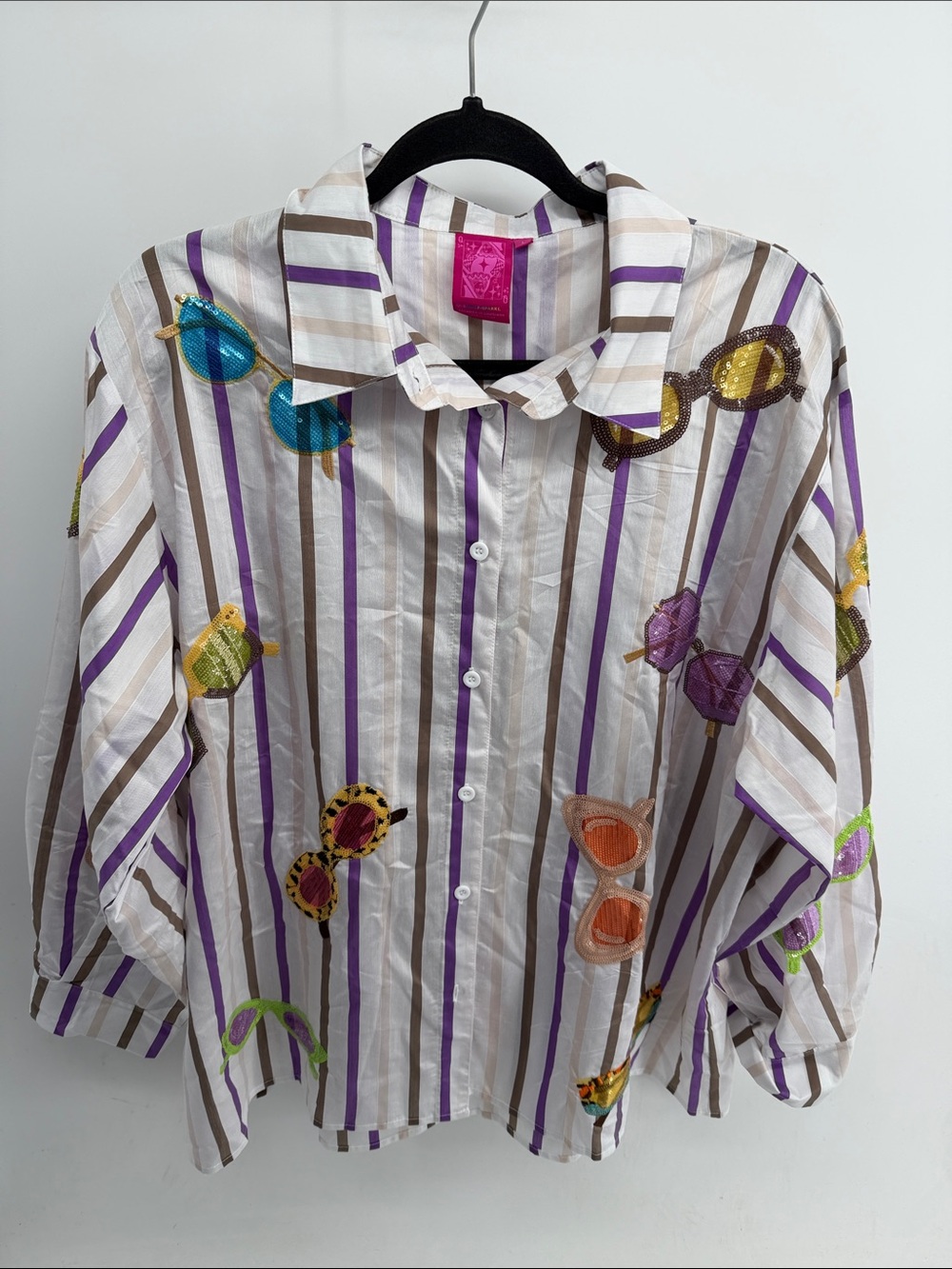 Queen of Sparkles striped oversized sequin sunglasses novelty button up shirt L